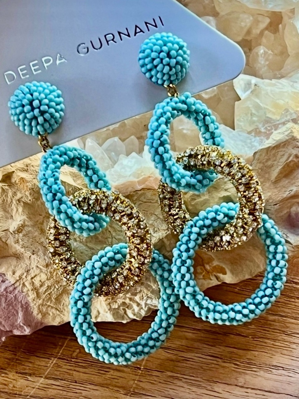 NWT Deepa Gurnani Beaded Triple Hoop Chandeliers